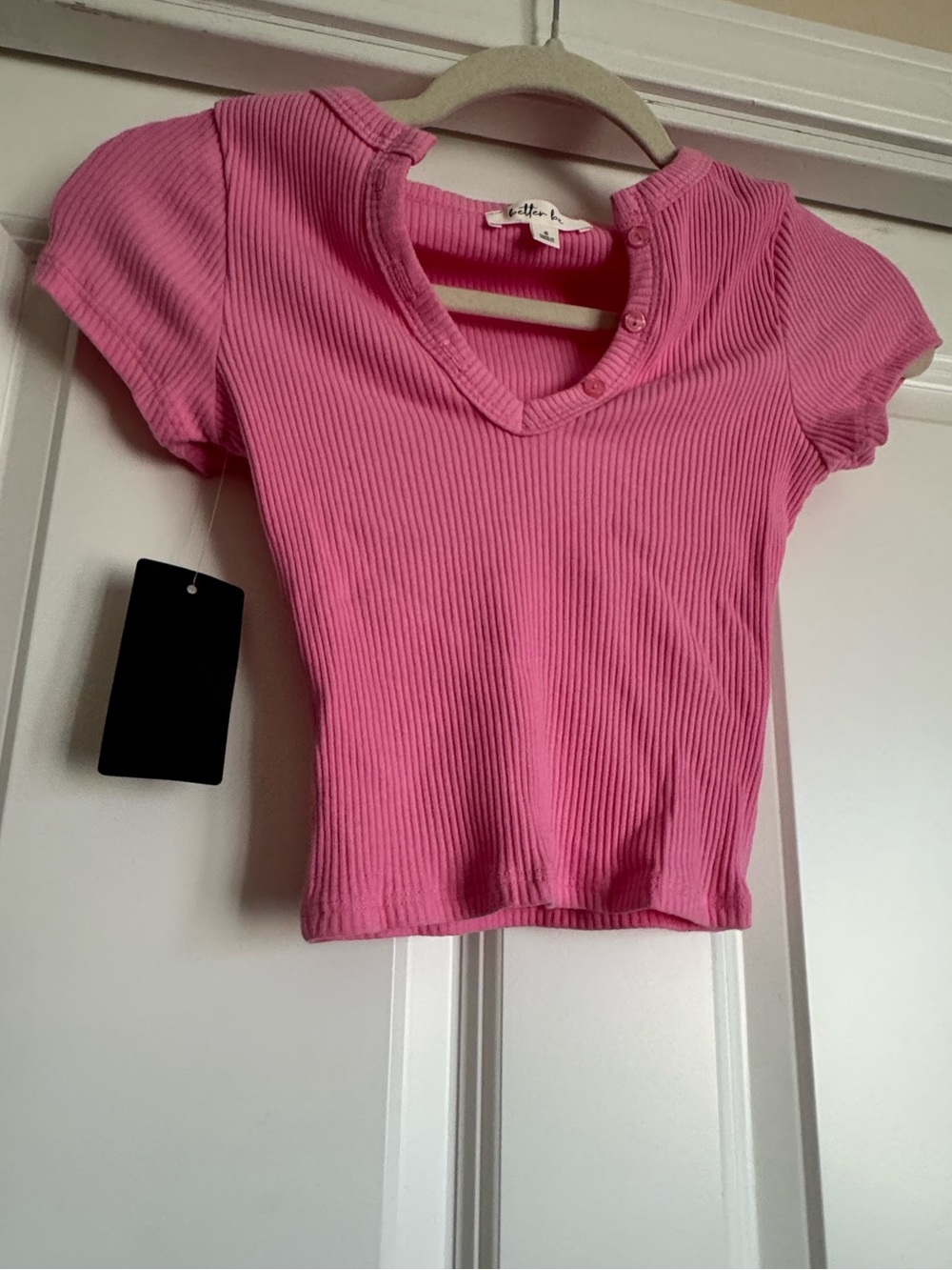 New Better Be Small Solid Pink Ribbed V Neck Cotton Blend Fitted Top Shirt